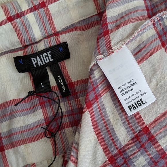 PAIGE Top Button Front Tie Split Neck Short Sleeve Plaid Cream Red Grey L NWT - Picture 14 of 14